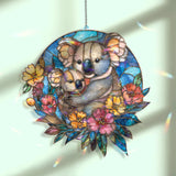 Mother Koala and Baby Acrylic Suncatcher, Stained Glass Style Animal Window Hanging, Cute Wildlife Floral Home Decor Gift
