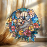Mother Koala and Baby Acrylic Suncatcher, Stained Glass Style Animal Window Hanging, Cute Wildlife Floral Home Decor Gift