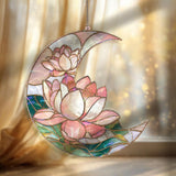 Crescent Moon Lotus Acrylic Suncatcher, Stained Glass Style Pink White Floral Window Hanging, Peaceful Flower Home Decor Gift