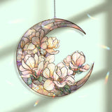 Crescent Moon Magnolia Acrylic Suncatcher, Stained Glass Style White Pink Floral Window Hanging, Elegant Flower Home Decor Gift