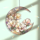 Crescent Moon Magnolia Acrylic Suncatcher, Stained Glass Style White Pink Floral Window Hanging, Elegant Flower Home Decor Gift