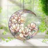 Crescent Moon Magnolia Acrylic Suncatcher, Stained Glass Style White Pink Floral Window Hanging, Elegant Flower Home Decor Gift