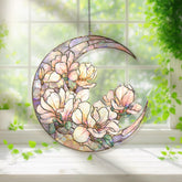 Crescent Moon Magnolia Acrylic Suncatcher, Stained Glass Style White Pink Floral Window Hanging, Elegant Flower Home Decor Gift