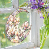 Crescent Moon Magnolia Acrylic Suncatcher, Stained Glass Style White Pink Floral Window Hanging, Elegant Flower Home Decor Gift
