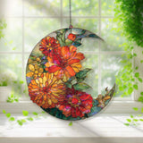 Crescent Moon Marigold Acrylic Suncatcher, Stained Glass Style Orange Yellow Floral Window Hanging, Bright Flower Home Decor Gift