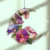 Crescent Moon Petunia Acrylic Suncatcher, Stained Glass Style Purple Pink Floral Window Hanging, Garden Flower Home Decor Gift