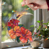 Crescent Moon Hibiscus Acrylic Suncatcher, Stained Glass Style Red Orange Floral Window Hanging, Tropical Flower Home Decor Gift