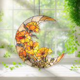 Crescent Moon Poppy Acrylic Suncatcher, Stained Glass Style Orange Floral Window Hanging, Bright Flower Home Decor Gift
