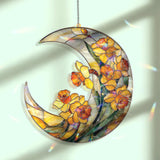 Crescent Moon Daffodil Acrylic Suncatcher, Stained Glass Style Yellow Floral Window Hanging, Spring Flower Home Decor Gift