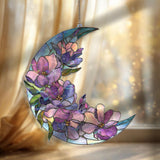 Crescent Moon Magnolia Acrylic Suncatcher, Stained Glass Style Purple Floral Window Hanging, Elegant Flower Home Decor Gift