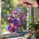 Crescent Moon Orchid Acrylic Suncatcher, Stained Glass Style Purple Floral Window Hanging, Elegant Flower Home Decor Gift
