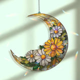 Crescent Moon Daisy Acrylic Suncatcher, Stained Glass Style Yellow White Floral Window Hanging, Summer Flower Home Decor Gift