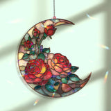 Crescent Moon Rose Acrylic Suncatcher, Stained Glass Style Floral Window Hanging, Red Flower Home Decor Gift for Nature Lovers