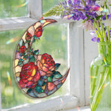 Crescent Moon Rose Acrylic Suncatcher, Stained Glass Style Floral Window Hanging, Red Flower Home Decor Gift for Nature Lovers