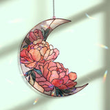 Crescent Moon Peony Acrylic Suncatcher, Stained Glass Style Floral Window Hanging, Pink Flower Home Decor Gift for Nature Lovers