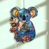 Blue Koala Acrylic Suncatcher, Stained Glass Style Animal Window Hanging, Cute Wildlife Floral Decor Gift for Nature Lovers