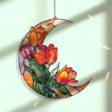 Crescent Moon Tulip Acrylic Suncatcher, Stained Glass Style Floral Window Hanging, Colorful Spring Flower Home Decor Gift