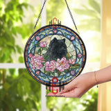 Black Chow Chow Stained Glass Suncatcher, Floral Dog Window Hanging, Pink Peony Pet Ornament, Dog Lover Gift, Elegant Home Decor