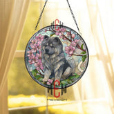 Black Chow Chow Stained Glass Suncatcher, Floral Dog Window Art, Cherry Blossom Pet Ornament, Unique Dog Lover Gift, Home Decor