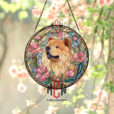 Golden Chow Chow Stained Glass Suncatcher, Floral Dog Window Hanging, Pink Blossom Pet Ornament, Dog Lover Gift, Home Window Decor