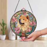 Golden Chow Chow Stained Glass Suncatcher, Floral Dog Window Hanging, Pink Blossom Pet Ornament, Dog Lover Gift, Home Window Decor