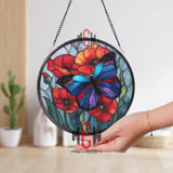 Butterfly and Poppy Stained Glass Suncatcher, Floral Window Hanging, Colorful Garden Ornament, Nature Lover Gift, Home Window Decor