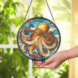 Octopus Stained Glass Suncatcher, Ocean Sea Life Window Art, Nautical Marine Ornament, Coastal Beach Gift, Underwater Home Decor