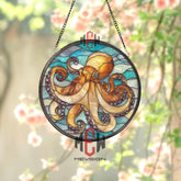 Octopus Stained Glass Suncatcher, Ocean Sea Life Window Art, Nautical Marine Ornament, Coastal Beach Gift, Underwater Home Decor