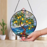 Lemon Tree Stained Glass Suncatcher, Ocean Sunset Window Art, Mediterranean Fruit Ornament, Nature Lover Gift, Bright Home Decor