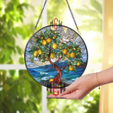 Lemon Tree Stained Glass Suncatcher, Ocean Sunset Window Art, Mediterranean Fruit Ornament, Nature Lover Gift, Bright Home Decor