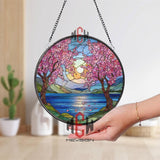 Cherry Blossom Stained Glass Suncatcher, Sunset Lake Window Art, Spring Nature Ornament, Floral Gift, Tranquil Home Window Decor