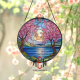 Cherry Blossom Stained Glass Suncatcher, Sunset Lake Window Art, Spring Nature Ornament, Floral Gift, Tranquil Home Window Decor