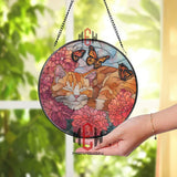 Cat and Butterfly Stained Glass Suncatcher, Floral Window Art, Sleeping Kitty Ornament, Pet Lover Gift, Cozy Home Window Decor