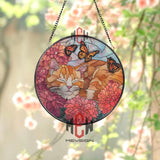 Cat and Butterfly Stained Glass Suncatcher, Floral Window Art, Sleeping Kitty Ornament, Pet Lover Gift, Cozy Home Window Decor