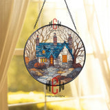 Cottage House Stained Glass Suncatcher, Cozy Home Window Art, Blue Roof Ornament, Countryside Gift, Rustic Cabin Window Decor