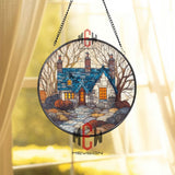 Cottage House Stained Glass Suncatcher, Cozy Home Window Art, Blue Roof Ornament, Countryside Gift, Rustic Cabin Window Decor