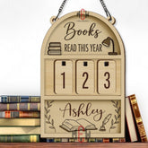 Books Read This Year Tracker - Wooden Reading Sign with Book Stack & Lamp, Personalized Library Counter, Minimalist Book Lover Gift