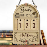 Books Read This Year Tracker - Wooden Reading Sign with Book Stack & Lamp, Personalized Library Counter, Minimalist Book Lover Gift