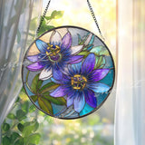 Purple Passion Flower Stained Glass Suncatcher – Round Floral Window Hanging, Botanical Art Decor, Vibrant Glass Gift for Home