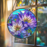 Blue Purple Water Lily Stained Glass Suncatcher – Round Floral Window Hanging, Lotus Flower Art Decor, Vibrant Glass Gift