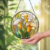 Yellow Calla Lily Stained Glass Suncatcher, Round Floral Window Hanging, Elegant Glass Art Decor, Botanical Gift for Home