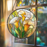 Yellow Calla Lily Stained Glass Suncatcher, Round Floral Window Hanging, Elegant Glass Art Decor, Botanical Gift for Home
