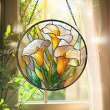 Yellow Calla Lily Stained Glass Suncatcher, Round Floral Window Hanging, Elegant Glass Art Decor, Botanical Gift for Home