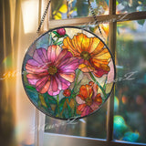 Cosmos Flower Stained Glass Suncatcher, Round Floral Window Hanging, Colorful Glass Art Decor, Vibrant Botanical Gift for Home