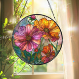 Cosmos Flower Stained Glass Suncatcher, Round Floral Window Hanging, Colorful Glass Art Decor, Vibrant Botanical Gift for Home