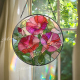 Morning Glory Stained Glass Suncatcher, Round Floral Window Hanging, Pink Red Flower Art Decor, Vibrant Glass Gift for Home