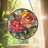 Rose Stained Glass Suncatcher, Round Floral Window Hanging, Red Orange Flower Art Decor, Vibrant Glass Gift for Home