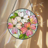 Dogwood Flower Stained Glass Suncatcher, Round Floral Window Hanging, Pink White Bloom Art Decor, Elegant Glass Gift for Home