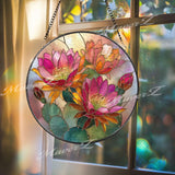 Cactus Flower Stained Glass Suncatcher, Round Desert Bloom Window Hanging, Pink Orange Floral Art Decor, Vibrant Glass Gift