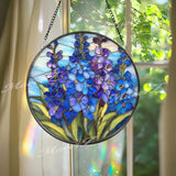 Delphinium Stained Glass Suncatcher, Round Blue Floral Window Hanging, Elegant Flower Art Decor, Vibrant Glass Gift for Home